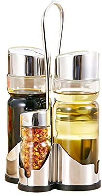 YUHOME Seasoning Bottle Set, Condiment Holder Seasoning Rack Four-in-One Oil Vinegar Dispensers Salt Pepper Shakers Glass Cruet Set with Convenient Caddy Stand