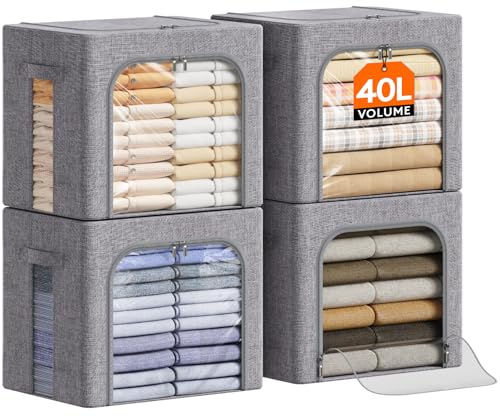 Lifewit Cajas Almacenaje Ropa con Marco de Metal, Organizador Armario Apilable, Bolsas Almacenaje Ropa, Bolsas Para Guardar Ropa, Edredones, Colchas, Gris Claro, 40 L, 4 Piezas