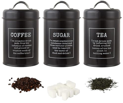 Juego de botes de cocina negro, 3pcs 1200 ml de té de metal café botes de azúcar con tapas herméticas, jarras de azúcar de café de té vintage Juego de azúcar de té de café