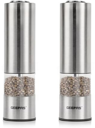 Geepas Electric Salt & Pepper Mill – Battery-Powered, One-Handed Operation, LED Light - Adjustable Coarseness, Automatic Motorized Grinder for Salt, Pepper, and More – Pack of 2