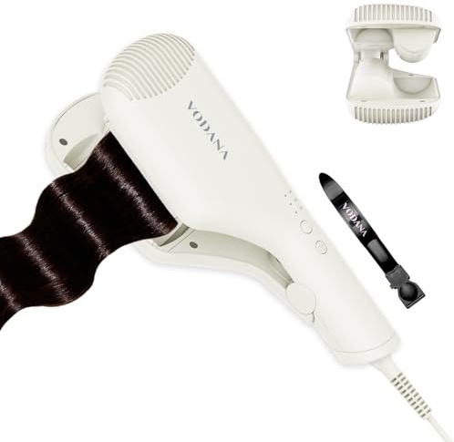 VODANA Compact Triple Flow Hair Waver - Portable Ceramic Curling Iron, Long-Lasting Beach Waves, Fast Heat-Up Double Barrel (1.5 inch, Ivory)