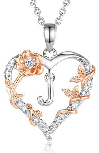 EUDORA Harmony Ball Collares con Iniciales Colgante de Corazon Iniciale Letra J para Mujer, Colgantes Letras Inicials J Rosas con Zirconia Cúbica Nombre 26 Monograma Joyería Regalos para Mujer, 18