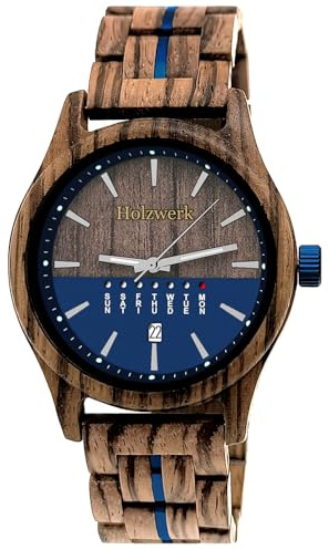 Holzwerk Germany Handgefertigte Herren-Uhr mit Öko Natur Holz-Armband - Braun, Blau, Buche, Gold, Schwarz, Silber, Zebra Bunt Muster - Analog Quarz-Uhr mit Datum und Wochentag Anzeige (Blau.Braun)