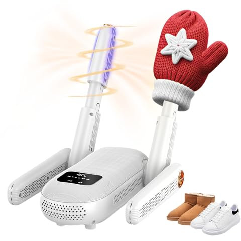 Asciuga Scarpe Elettrico con Doppia Staffa, Asciuga Stivali, Asciuga Scarponi in Modo Veloce con Timer, Scalda Scarpe Calcio, Aria calda + Luce Violetta + Carbone Attivo = Triplo Antibatterico