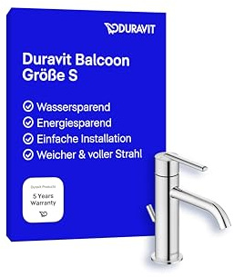 Duravit Balcoon tvättställskran, storlek S (pip höjd 123 mm), energisparande handfatskran (FreshStart), vattenbesparande kran badrum (MinusFlow), med dragstång avloppsarmatur, krom