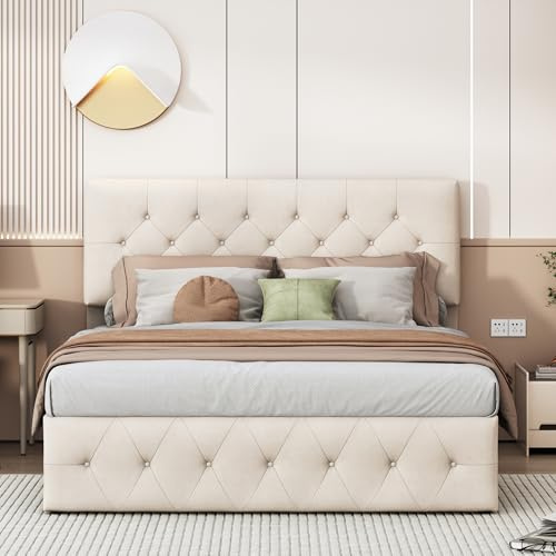 Cama doble de 160 x 200 cm con cabecera ajustable, cama tapizada con espacio de almacenamiento y fondo de listón, Cama Boxspring, Colchón no incluido, Albaricoque (Abricoco, 160 x 200 cm)