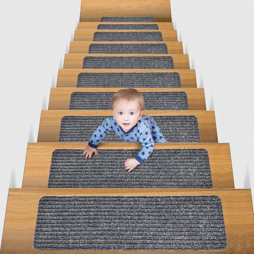 Hoquare 14pcs Carpet Stair Treads, Edging Non Slip Stair Mats, Step Runners Staircase Protection Cover, Washable Stair Carpet Treads for Kids, Elders, Pets (Grey Stripe)