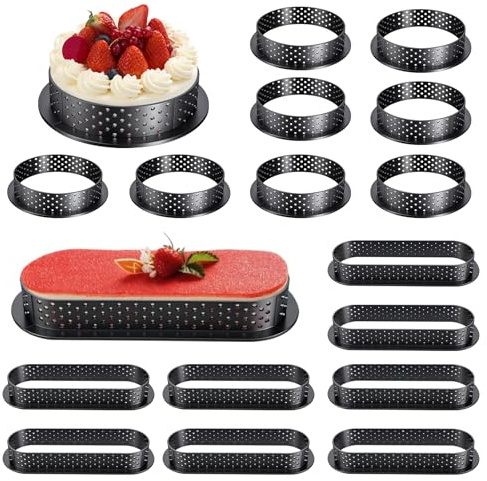 Turmegtt Anello Crostata Forato 16 Pezzi, Anello Microforato Cerchi per Dolci Tondi e Ovali con Fori di Aerazione, Coppa Pasta Perforata per Mousse e Dessert, Piccole Tortiere per Decorazione DIY
