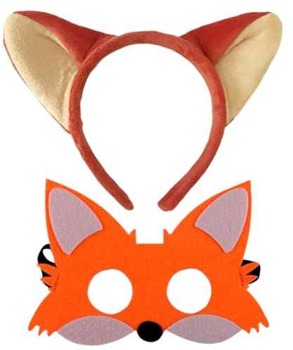 JISRKP 2Pcs Fox Costume, Fox Ears Headband and Tail Set with Fox Mask for Kids and Adults, Fantastic Mr Fox Costume for Halloween, Animal Theme Parties and Cosplay Events