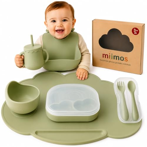 miimos Vajilla Bebé Silicona BLW | Set Completo con Plato Ventosa Fuerte, Bol, Vaso, Babero, Cubiertos con Estuche y Tapete | 100% Silicona Alimentaria Libre BPA