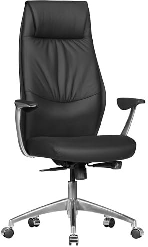 AMSTYLE Bürostuhl Echt-Leder Schwarz Design Schreibtischstuhl Armlehne Chefsessel höhenverstellbar 120KG Drehstuhl Synchronmechanik Drehsessel hohe Polster Rücken-Lehne Kopfstütze ergonomisch
