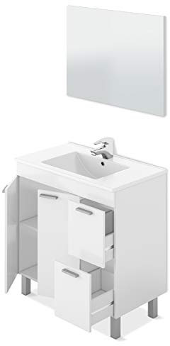 ARKITMOBEL Mueble de Baño con 2 Puertas 2 Cajones y Espejo, Módulo Baño, Color Blanco Brillo, Medidas: 80 x 80 x 45 (Alto x Ancho x Fondo, en centímetros), Modelo Aktiva (Sin Lavabo)