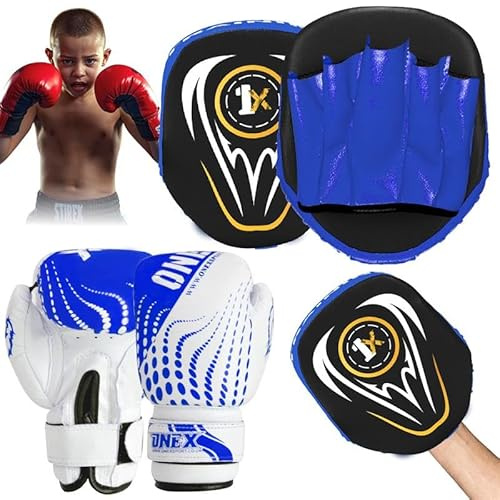 ONEX Boxing Set, Boxing Gloves, Kids Focus Pad, Punching Bag Set, Target Boxing Set, Training Set, MMA Set, Training Set, Hook & Jab Strike Pads For Boys & Girls (Blue)