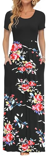AUSELILY Femmes Maxi Robe Madame Manches Courtes été Casual Longue Robe avec Poches Noir Fleur Noir l