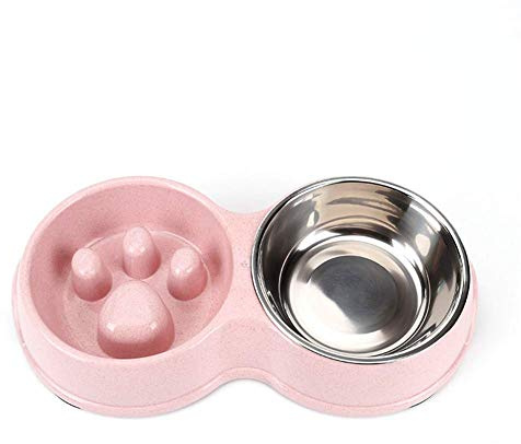 Tineer Double Pet Dog Slow Feeder Bowl,Stainless Steel Anti-Choke Puppy Food and Water Feeder for Dog Cats (Pink)
