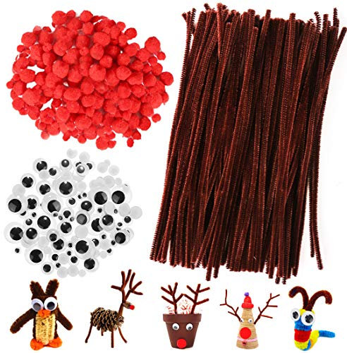 Pfeifenputzer Braun zum Basteln, 100 Stück DIY Pfeifenreiniger Chenilledraht, 200 Stück Rote Pompons, 200 Stück Wackelaugen Selbstklebend für Deko Weihnachten Bastelzubehör