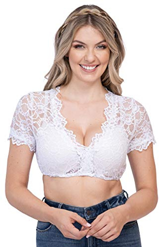 Dirndlblus av spets kortärmad vit – elegant och exklusiv dam Dirndl blus delvis transparent Thea, Vit, 38