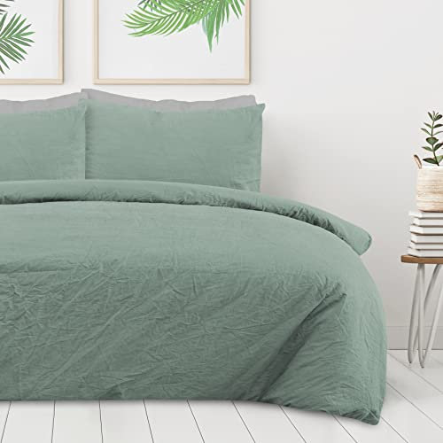 Sleepdown 100% Pure Cotton Plain Dye Sage Green Duvet Cover Quilt Pillow Cases Bedding Set Soft Easy Care - Double (200cm x 200cm)