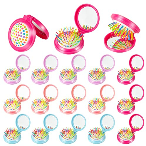 ONLYFU 18 Pcs Folding Travel Mirror Hair Brushes Round Folding Pocket Hair Brush Mini Portable Compact Hair Brush with Mirror for Women Girls