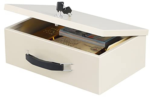 xydled Cassaforte antincendio resistente al fuoco con serratura a chiave, per casa, ufficio, sicurezza per oggetti di valore, 30 x 20 x 10 cm, bianco, beige