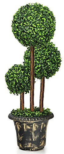 Giantex 91 cm Kunstpflanze, Grünpflanzen künstlich Buchsbaum in Kugelform, Kunstbaum Dekopflanze Buchsbaumkugel mit PE-Blätter, Mit Zement gefüllte Topf, Künstliche Bäume für Arbeitszimmer & Büro