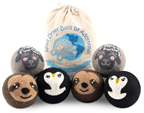 ADORNIMAL Wool Dryer Balls – Natural Fabric Softener – 100% Pure New Zealand Wool – Handcrafted in Nepal – Dryer Balls Laundry Reusable Penguin, Sloth, & Sheep Design – 6 Pack Laundry Balls for Dryer