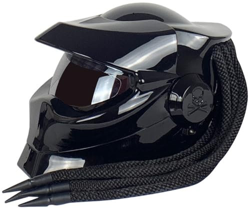 Motorrad-Integralhelm Integrierter Zöpfe Und Warnlichter ECE-Zugelassen Individuell Anpassbarer Motorradhelm Für Erwachsene Straßen-Offroad Männer Frauen Gloss Black,L