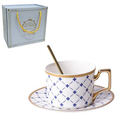 FfiMe 3-Teiliges Porzellan-Teeservice Aus Knochenporzellan, Kaffeeservice Mit Goldrand, Tassen, Untertassen, Löffel, Tee-Geschenksets Für Zuhause, Party, Familientreffen (Weiße Geschenkbox)