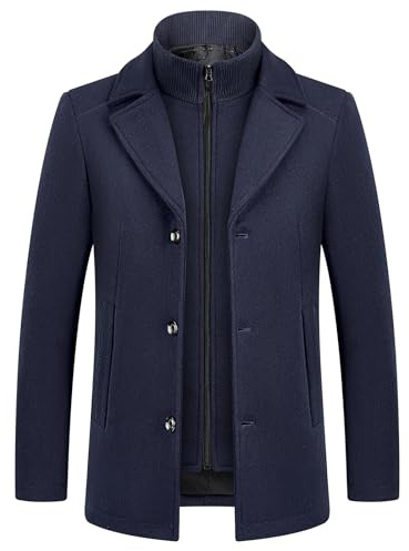 KUDMOL - Cappotto da uomo in lana per l'inverno, caldo, trench coat classico, parka, pardessus, caban, slim fit, business, duffle-coats, antivento, con risvolti, overcoat, blu marino, L