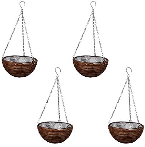 HANJIEFACAI Aiuole da esterno Cassette porta piante multifunzionali Cestino pendente tondo in salice 4 pezzi con fodera e catenaPer piante, ortaggi e giardinaggio all'aperto