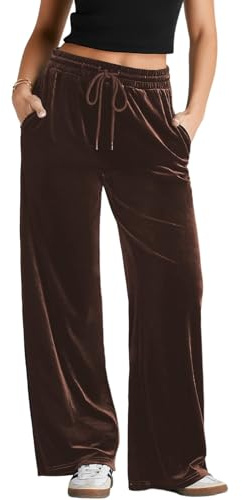 Herseas Women's Velvet Pants Elastic High Waist Active Joggers Wide Leg Brown Lounge Travel Pants with Pockets X-Large
