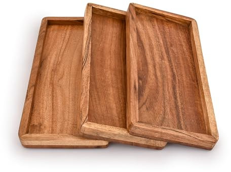 Kimona tallrik uppsättning med 3, rektangulära träfat för heminredning serveringsfat för ost, frukt, grönsaker, bestick (28 cm x 12,7 cm x 1,9 cm)