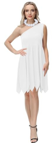 Funhoo Wilma Abito Monospalla Bianco Senza Maniche con Collana Famiglia di Cavernicoli Costume di Coppia Primitivo Personaggi dei Cartoni Animati donna Costumi Divertenti per Adulti (Bianco, S)
