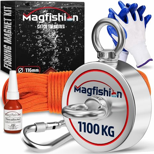 MAGFISHION Magnetfischen Set - 1100 KG (2 x 550kg) - Ø116mm - Neodym Magnet mit Seil (20M) & Handschuhe - Magnet Fischen Angel - Ösenmagnet - Fishing Magnetangel - Magnetangeln Set
