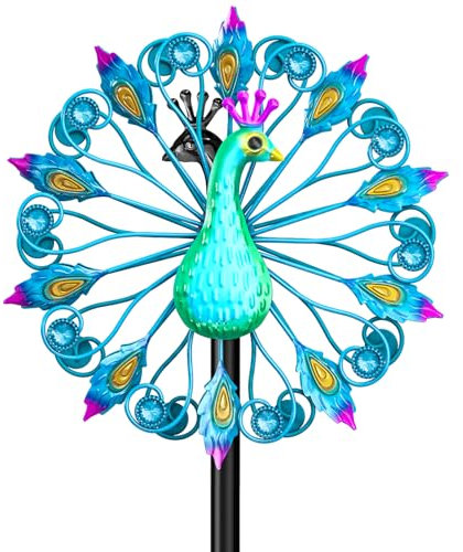 VeyFolzin.st Metal Outdoor Wind Spinner, 2-Way Wind Sculpture Spinner with Metal Stake, Waterproof 360 Degrees Kinetic Windmill Art Decoration for Patio Garden Lawn (2 Turn Peacock B)
