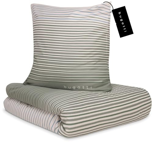 bugatti Bettwäsche 135x200 cm - 100% Baumwolle, Reißverschluss, anschmiegsam, weich & waschbar, Satinbettwäsche grün gestreift