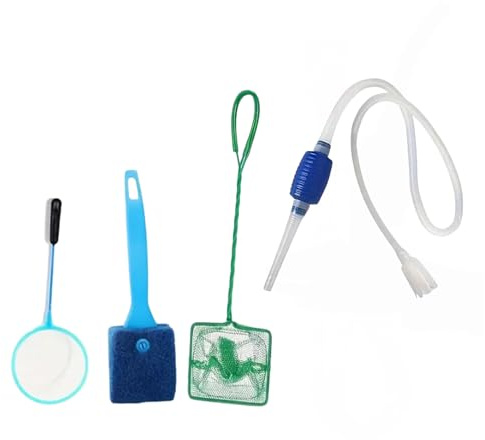 Générique Set de Nettoyage pour Aquarium 4 Pièces, Brosse, Éponge et Filet avec Manche Long, Bleu et Vert - kit Nettoyage Complet