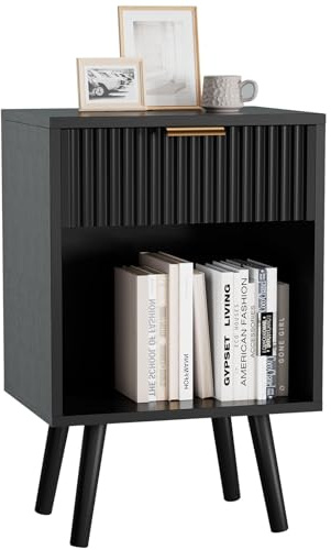 YMYNY Mid Century Modern Nightstand, Side Table, Fluted Night Stand with Drawer, Open Shelf Unit, Golden Handle, Solid Wood Legs, Bedside Table, for Bedroom, Living Room, Black HST013B