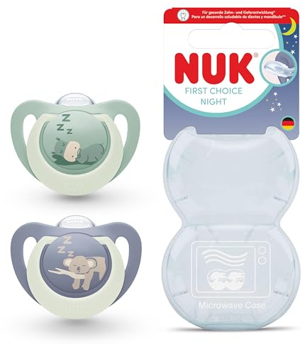 NUK First Choice Nattnappar för spädbarn | 0-6 månader | Ortodontiska nappar som lyser i mörkret | Lugnar 99% av bebisarna** | Flodhäst & Koala | 2 stycken