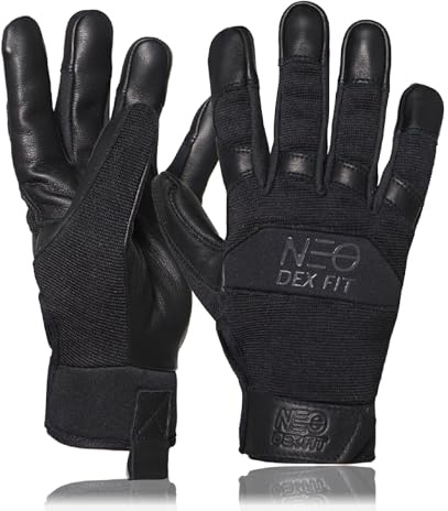 DEX FIT MG210P Guantes mecánicos de cuero, palma de cuero vacuno impermeable, ajuste 3D transpirable, guantes de trabajo para taller, almacén, jardín; Black/Black L 1 Paio