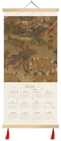 Calendario lunare 2026, calendari da parete con pittura cinese, calendario su tela cerata per l'intero anno con 2 nappe rosse, perfetto per l'arredamento di casa o ufficio.(30 * 65cm,1)