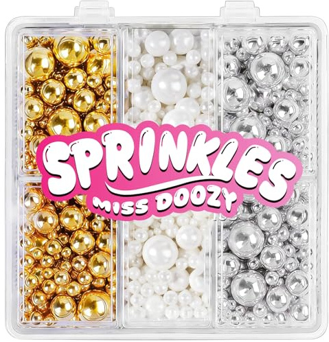 Perles Comestible de Sucre Blanc, Doré & Argenté (130g) - 4 Tailles de Perles pour Décor de Gâteaux, Cupcakes & Biscuits - Idéal pour Mariages, Anniversaires, Halloween, Noël, Sprinkles