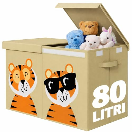 BAKAJI Box Contenitore per Giocattoli Bambini con Animali, Scatola Pieghevole Salvaspazio Capacità 80 Litri Multiuso, Organizer Richiudibile con Maniglie e Chiusura a Strappo, 62.5x31.5x40cm (Beige)