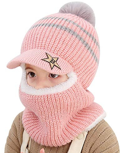 YONKOUNY Kinder Wintermütze Jungen Mädchen Warm Niedlich Strickmütze Schalmütze Schlupfmütze Beanie Mütze mit Fleecefutter (Pink)