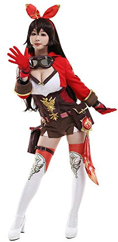 Cosplay.fm Damspel cosplay kostym tryck mocka skarvad jumperliknande outfit (flerfärgad, Large)