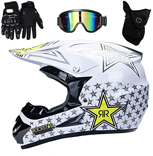 UIGJIOG Motorradhelm,Rockstar Motocross Helm,Helm Kinder,Helmets Kinder-Cross-Helm, Road Helm mit Handschuhe Maske Brille, ATV Helm MTB,Weiß,M(54~55cm)