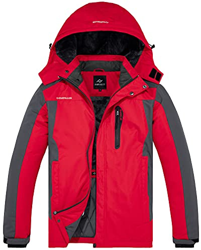 FARVALUE Chaqueta de esquí impermeable para niños, resistente al viento, abrigo de invierno cálido abrigo de nieve al aire libre con capucha cortavientos rojo 14-16