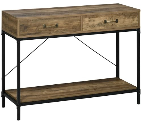 HOMCOM Tavolo Consolle da Ingresso Vintage in Metallo e Legno, Tavolino da Salotto e Soggiorno con 2 Cassetti e Mensola, Marrone