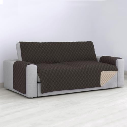 MERCURY TEXTIL- Funda de Sofá Reversible, Protector para Sofás Acolchado, Funda con Reposabrazos y Bolsillo. Variedad de Medidas(3 Plazas, Marrón)