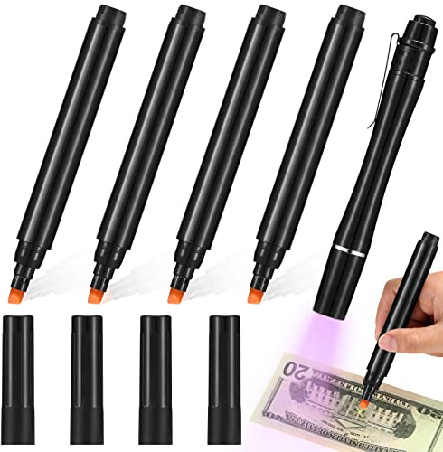 Geiserailie 5 Pcs Counterfeit Money Detector Marker Pen Bill Detector Pen Fake Bill Checker UV Penlight Flashlight with Clip Detects Universal False Currency Pack for Money Loss Prevention Fraud